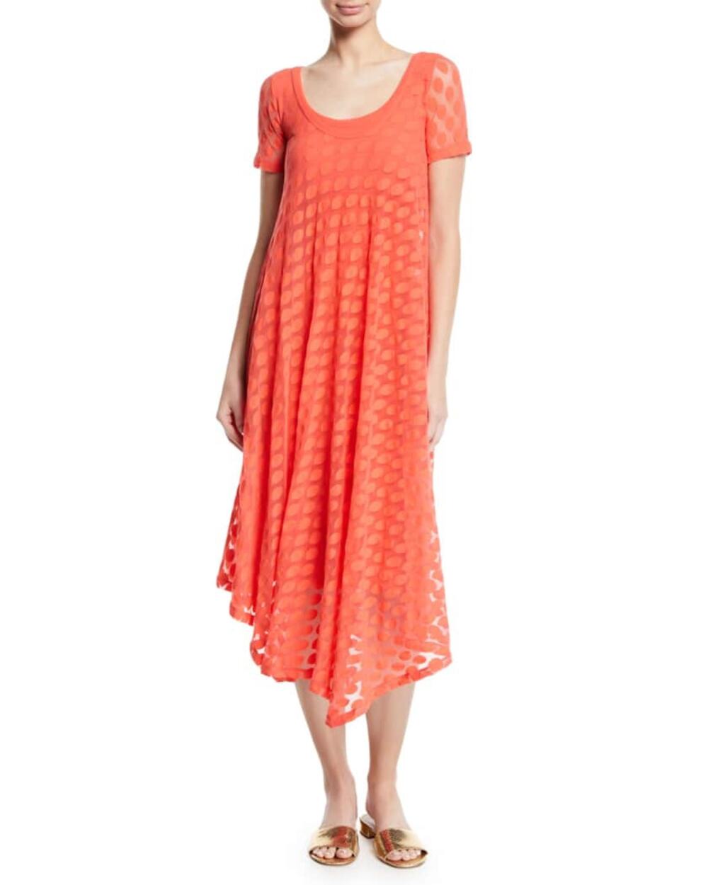 Fuzzi Short-Sleeve Asymmetric-Hem Dotted Orange Midi Dress Size L